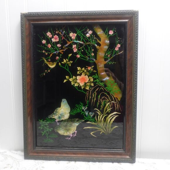 Vintage Japanese Reverse Painted Glass Picture Mother of Pearl Inlay Birds